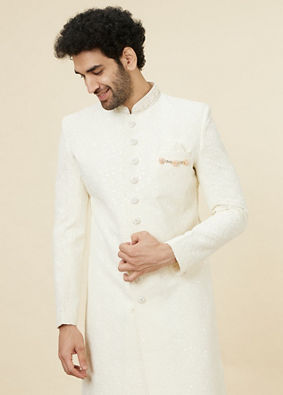 Antique White Floral Patterned Sequined Sherwani Set image number 0